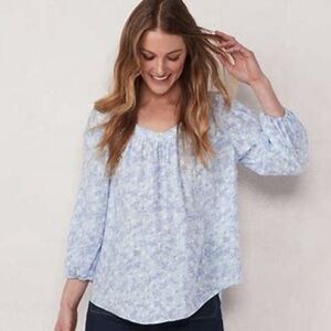 LC Lauren Conrad Banded Neck Peasant Blouse 3/4 Sleeves Size S Blue and White